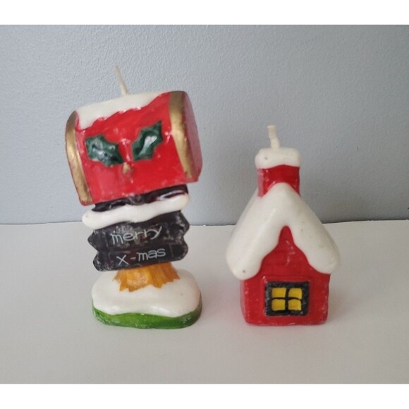 Vintage Set of 2 Christmas Wax Candles Snowy Holiday House & Mail Box Home Decor - Picture 4 of 4